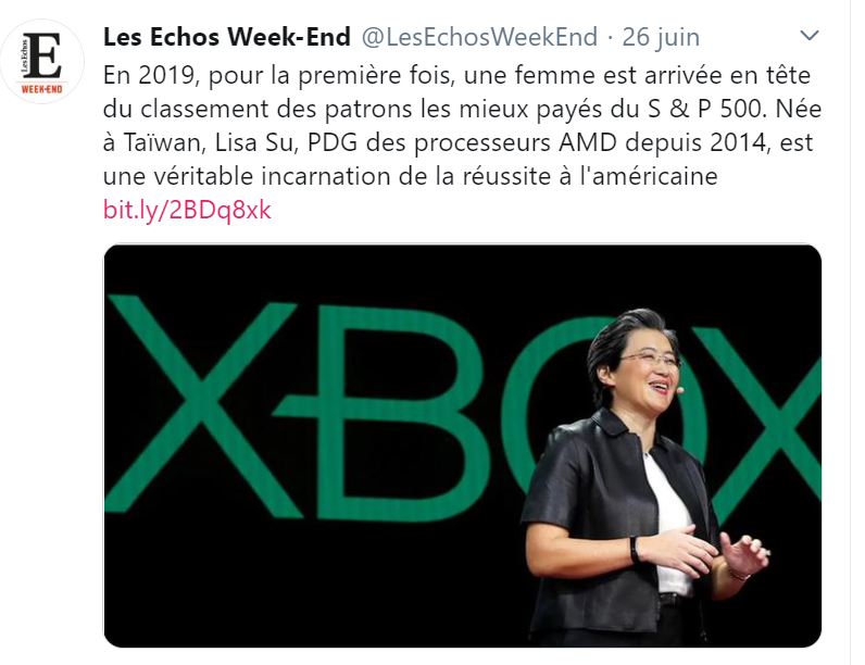 Lisa Su, PDG d'Advanced Micro Devices, en recevant 58,5 millions de dollars en 2019, devient la/le PDG la/le mieux payé.e au monde 